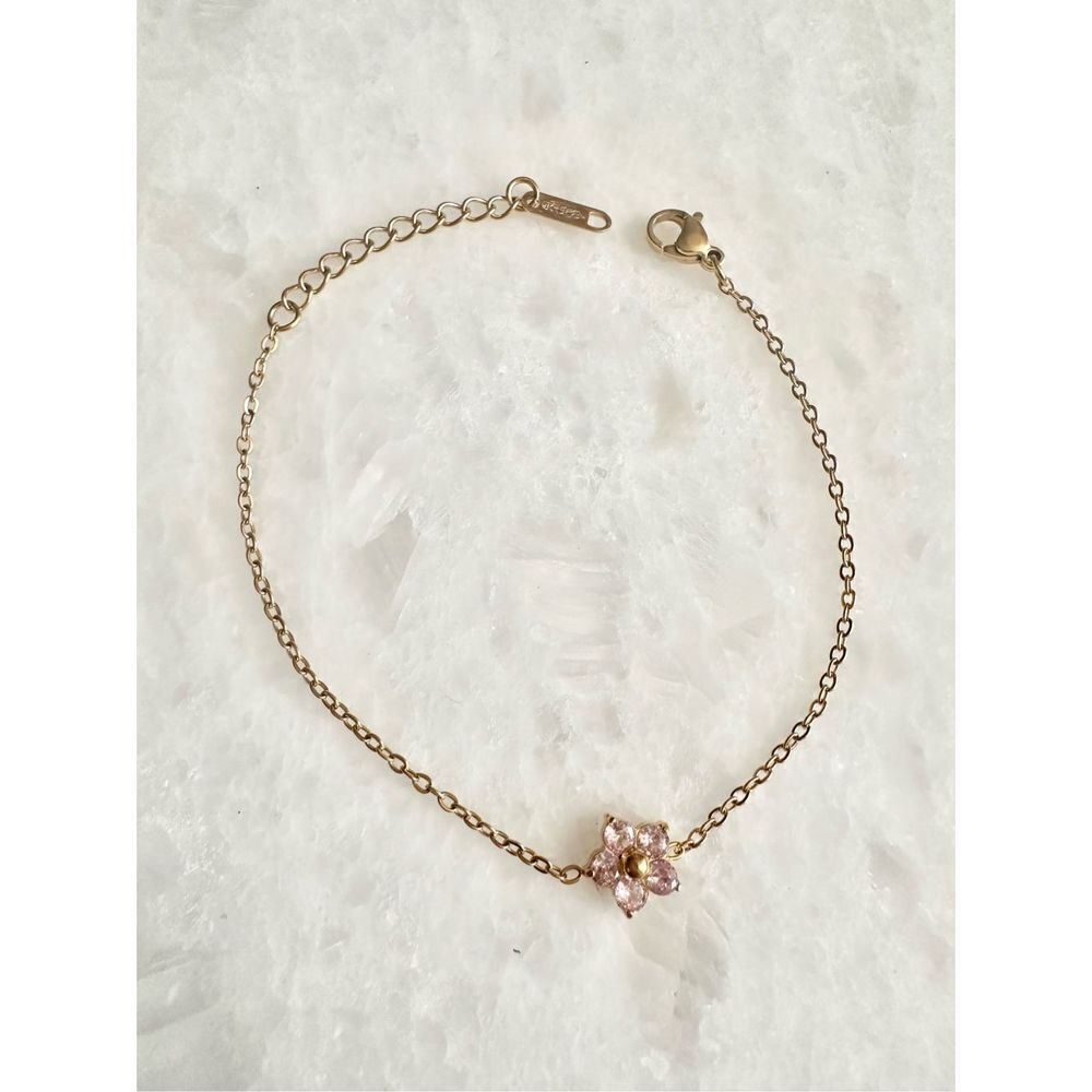 Delicate light pink cubic zirconia flower chain bracelet